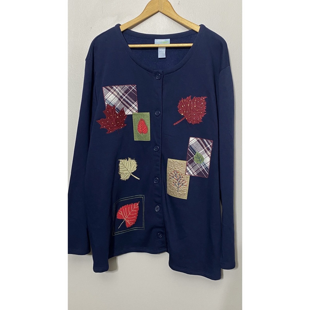Liz & Me Fall Sweatshirt Top Size 3X (26/28W) Blue Button Up Patch Embroidery